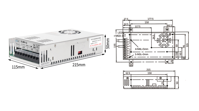 Overview of Product Dimensions for PHLTD S Series Switching Power Supply S-250 S-300 S-400 efficient and stable, with complete models