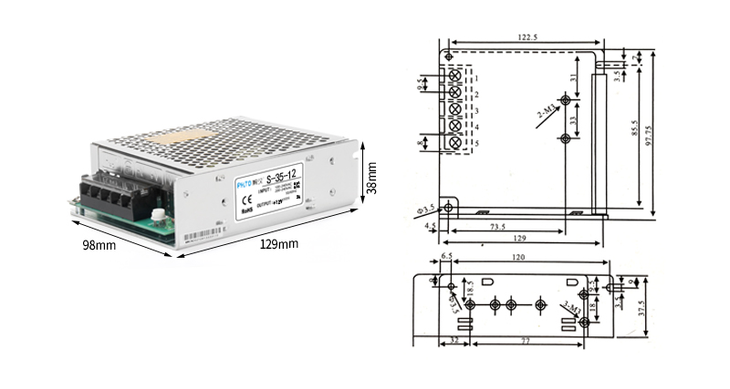 Overview of Product Dimensions for PHLTD S Series Switching Power Supply S-35 efficient and stable, with complete models