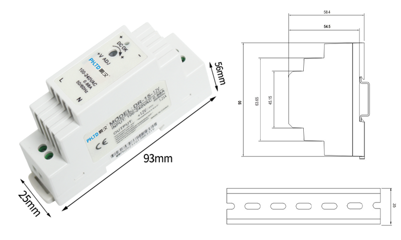 PHLTD DR Rail Series Switching Power Supply 15W Size 25x93x56mm Voltage Range 85-264VAC or 120-370VDC