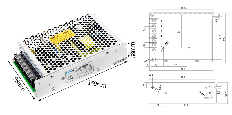 PHLTD Dual Group D Series Switching Power Supply D-50 Size 159x98x38mm