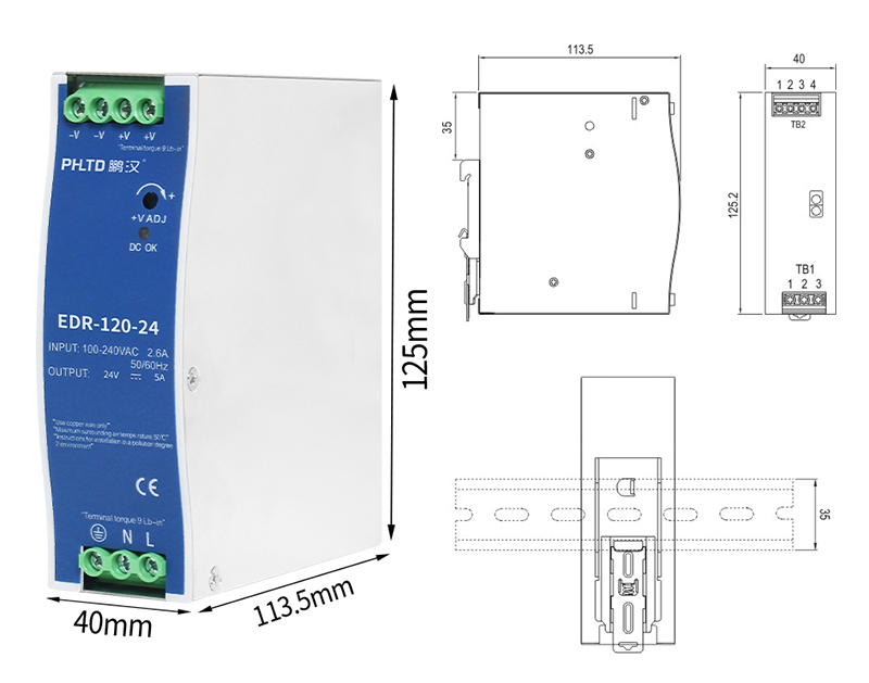 PHLTD EDR Rail Series Switching Power Supply 120W Size 40x113.5x125mm Voltage Range/Frequency 85-264VAC 47Hz-63Hz (120VDC-370VDC)