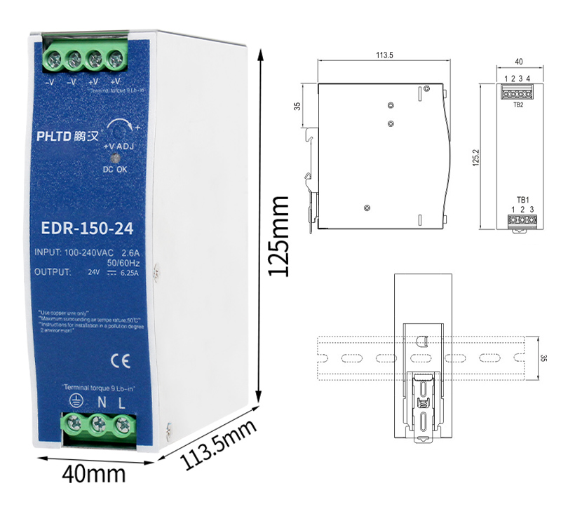 PHLTD EDR Rail Series Switching Power Supply 150W Size 60x113.5x125mm Voltage Range/Frequency 90-264VAC (127VDC-370VDC)/47Hz-63Hz 