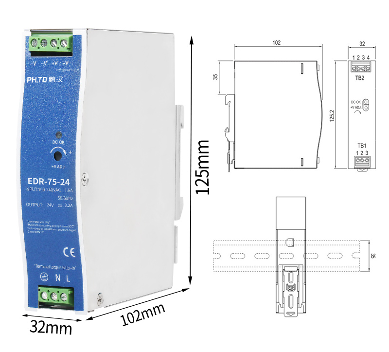 PHLTD EDR Rail Series Switching Power Supply 75W Size 32x125x102mm Voltage Range/Frequency 85-264VAC 47Hz-63Hz (120VDC-370VDC)