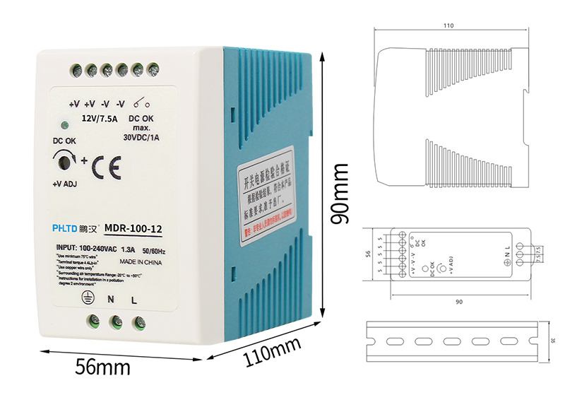 PHLTD MDR Rail Series Switching Power Supply 100W Size 56x110x90mm Voltage Range/Frequency 85-264VAC 47Hz-63Hz (120VDC-370VDC)