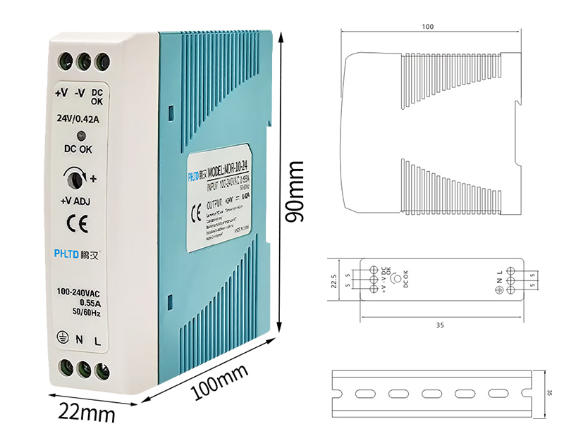 PHLTD MDR Rail Series Switching Power Supply 10W20W Size 22.5x90x100mm Voltage Range/Frequency 85-264VAC 47Hz-63Hz (120VDC-370VDC)