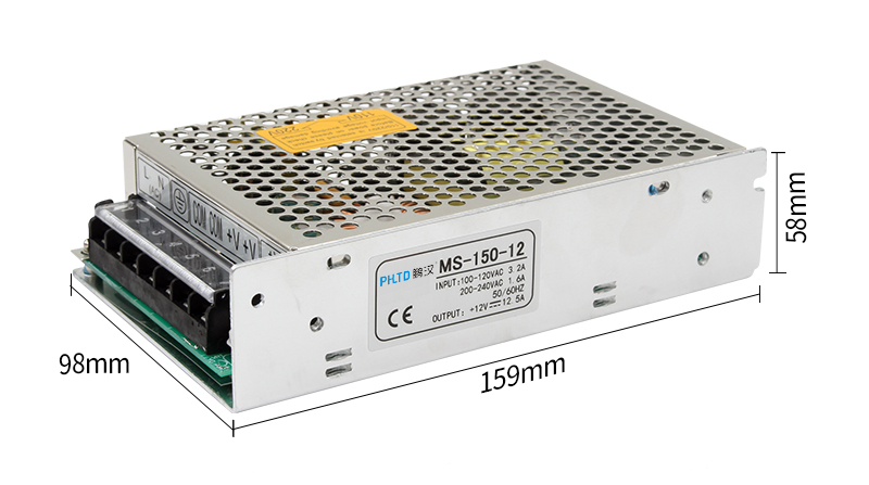 PHLTD MS Series Switching Power Supply MS-100 MS-120 MS-150 Dimensional Drawing 159x98x58mm Rated Power 100W 120W 150W