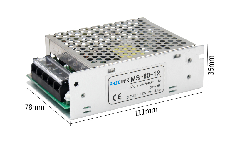 PHLTD MS Series Switching Power Supply MS-50 MS-60 MS-75 Dimensional Drawing 111x78x35mm Rated Power 50W 60W 75W