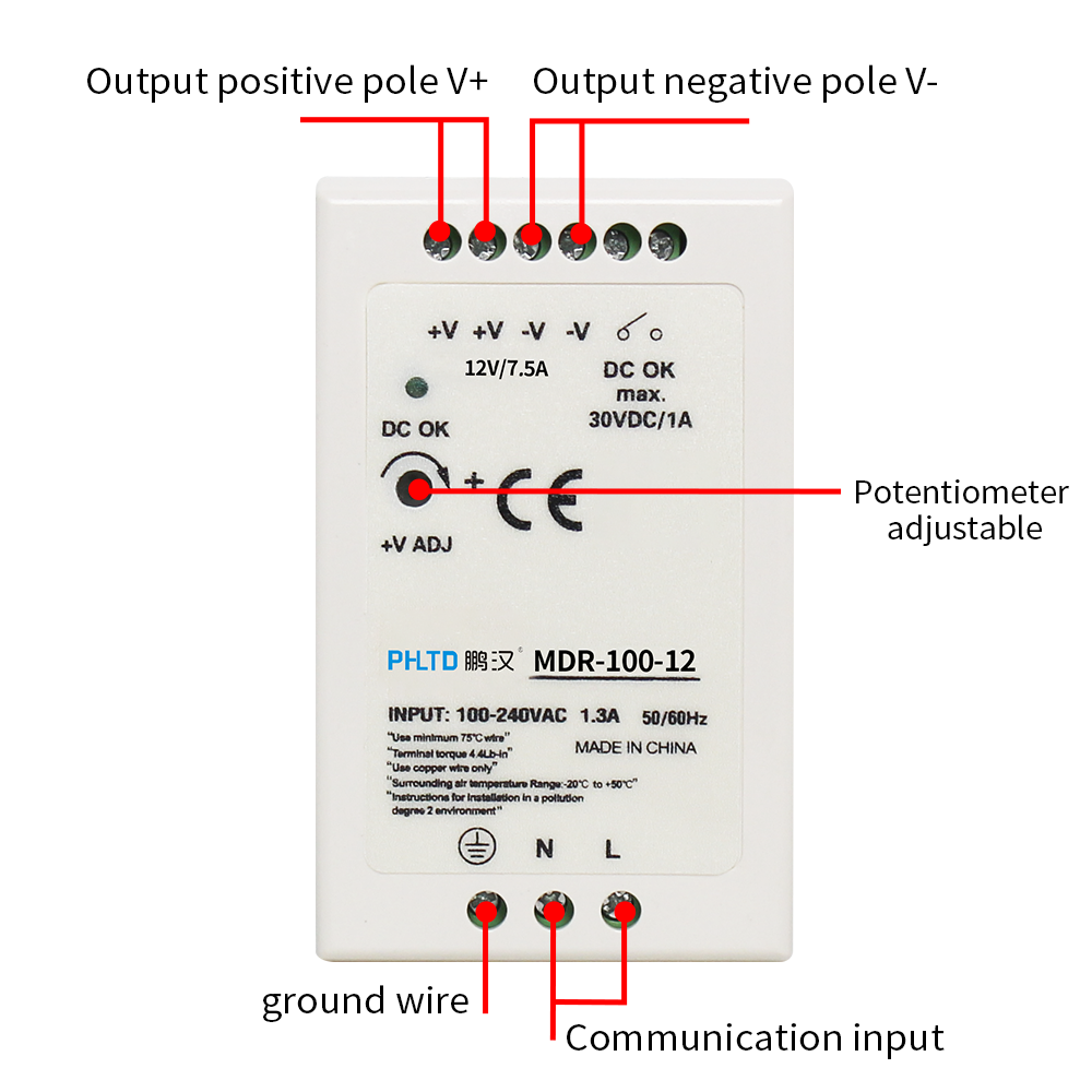 PHLTD Rail Switch Power Supply MDR Series Wiring Diagram 85-264VAC 47HZ-63Hz (120VDC-370VDC)