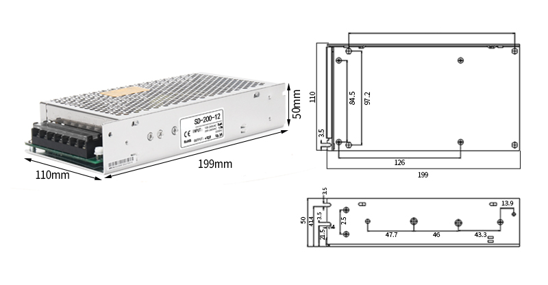 PHLTD SD Series Switching Power Supply SD-200 Size: 199x110x50mm Net weight: 0.9kgs DC voltage: 5V-40A, 12V-16.7A, 24V-8.5A, 36V-5.5A, 48V-4.2A