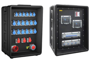 PHLTD large portable stage lighting distribution box can be customized with eighteen blue industrial plugs, three red plugs, and ten rhino plugs with independent switches