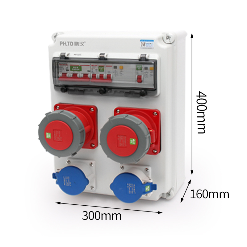 PHLTD IP44 waterproof wall mounted power maintenance box 5P 63A and 3P 16A industrial sockets with air switch leakage size 400x300x160mm