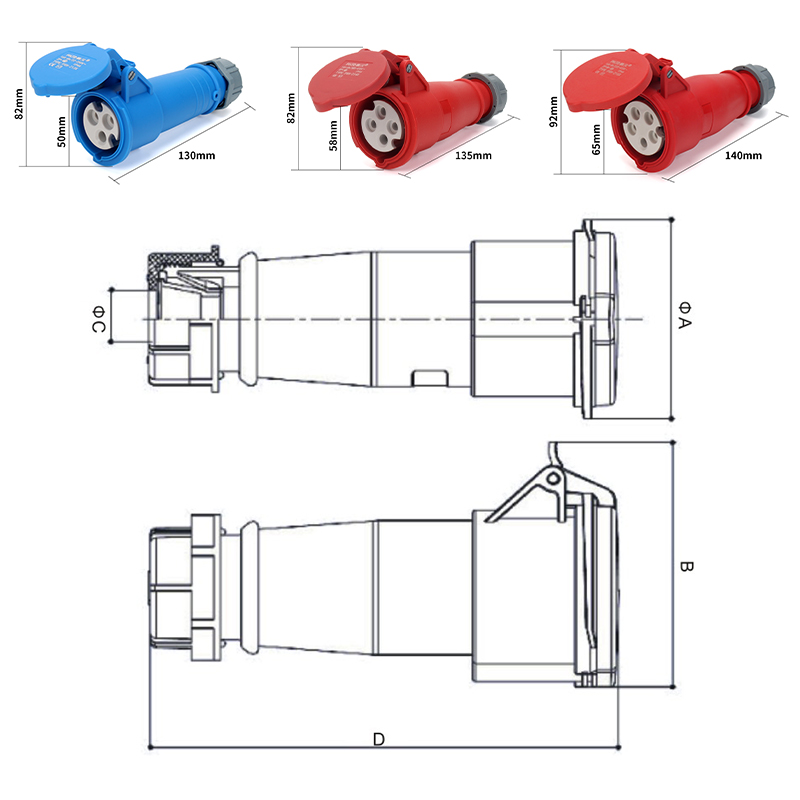 Industrial connector IP44 socket waterproof male and female aviation industrial connector 3-core 4-core 5-core 16A size diagram