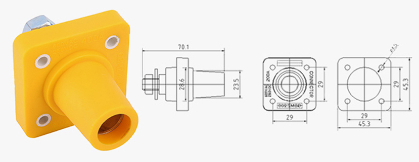 PHLTD 200A high-power Rhino single-core female socket connector for stage lighting and audio, with dimensions