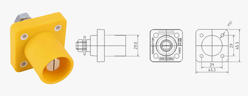 PHLTD 200A high-power single-core male Rhino connector for stage lighting and audio systems – dimension diagram