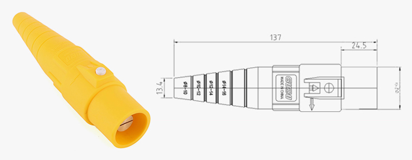 PHLTD 200A high-power professional stage lighting and audio rhinoceros single core high current cable connector male plug size diagram