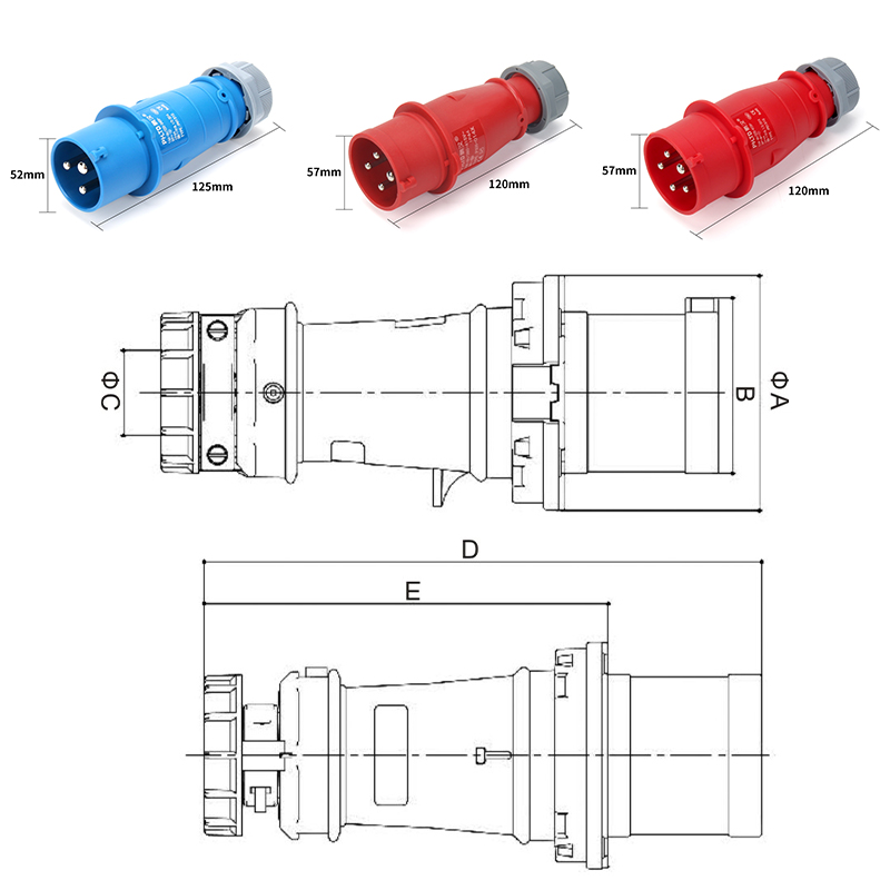 PHLTD IP44 flame retardant industrial aviation plug socket 3-core 4-core 5-core 16A size diagram