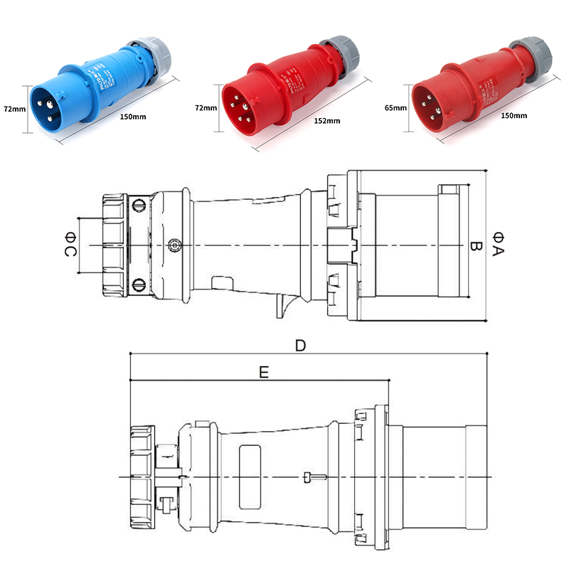 PHLTD IP44 flame retardant industrial aviation plug socket 3-core 4-core 5-core 32A size diagram