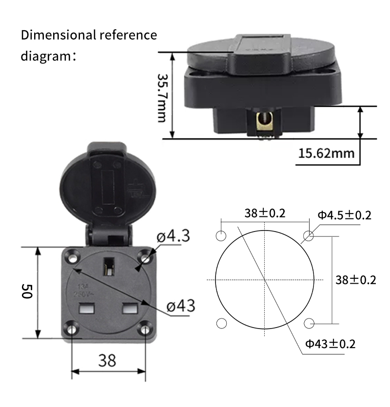 PHLTD IP54 British standard waterproof generator socket 13A three flat British waterproof socket size 50mmX50mm