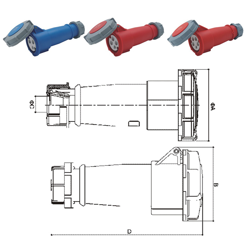 PHLTD high current IP67 waterproof industrial plug and socket connector 3-core 4-core 5-core 16A32A aviation male and female connector size diagram