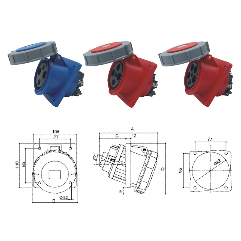 PHLTD high current IP67 waterproof industrial plug socket 3-core 4-core 5-core 63A125A concealed inclined seat 220-415V size diagram