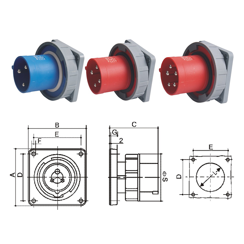 PHLTD high current IP67 waterproof industrial plug socket 3-core 4-core 5-core 63A125A concealed plug 380-415V solid brass size diagram