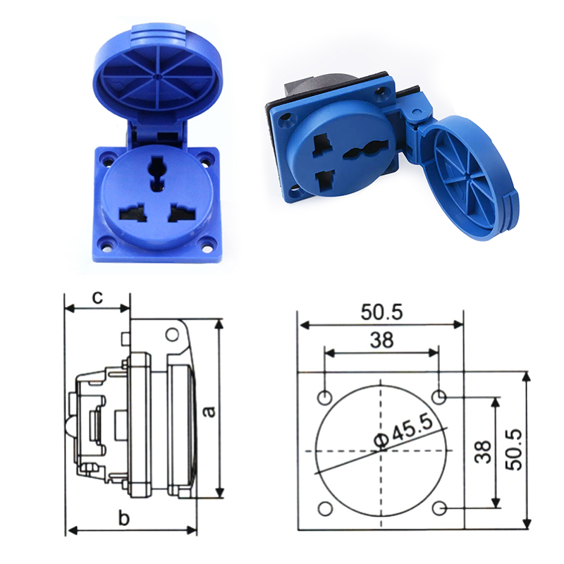 PHLTD multifunctional three hole socket 16A civilian 220V plastic waterproof IP54 national standard 10A British standard European standard universal size drawing