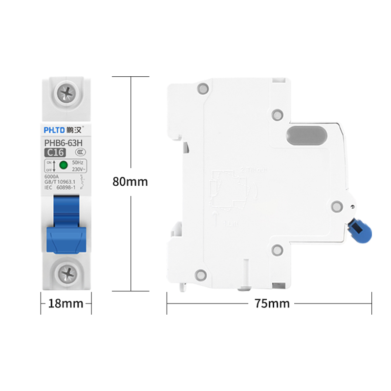 PHLTD track type miniature circuit breaker, air switch, circuit leakage, overload, short circuit tripping 110V120V, 1P16A size 18x80mm