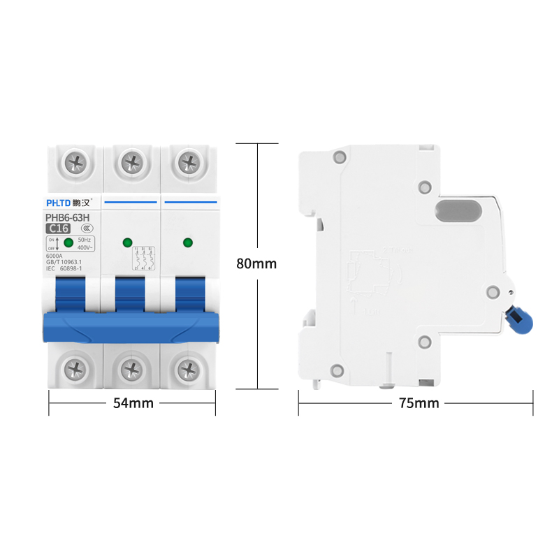 PHLTD track type miniature circuit breaker, air switch, circuit leakage, overload, short circuit tripping 110V120V, 3P16A size 54x80mm