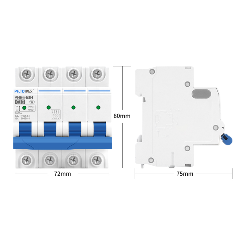 PHLTD track type miniature circuit breaker, air switch, circuit leakage, overload, short circuit tripping 110V120V, 4P16A size 72x80mm