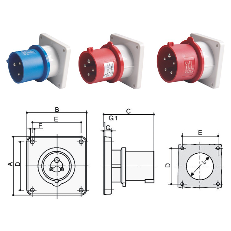 PHLTD waterproof power supply industrial concealed plug 3-core 4-core 5-core 16A32A concealed plug size diagram