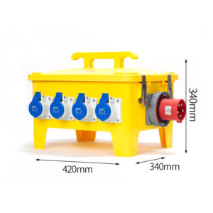 PHLTD portable industrial box with 5P63A concealed plug, 5P32A industrial socket, and 3P16A socket, featuring main circuit breaker and leakage protection. Outer box size: 340 x 420 x 340 mm.