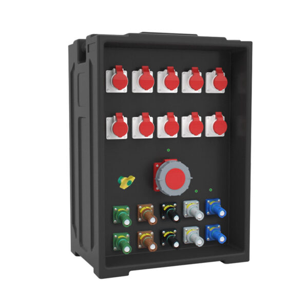 8PHLTD large portable stage lighting distribution box can be customized with ten IP44 industrial plugs, one IP67 plug, and ten Powerlock plugs