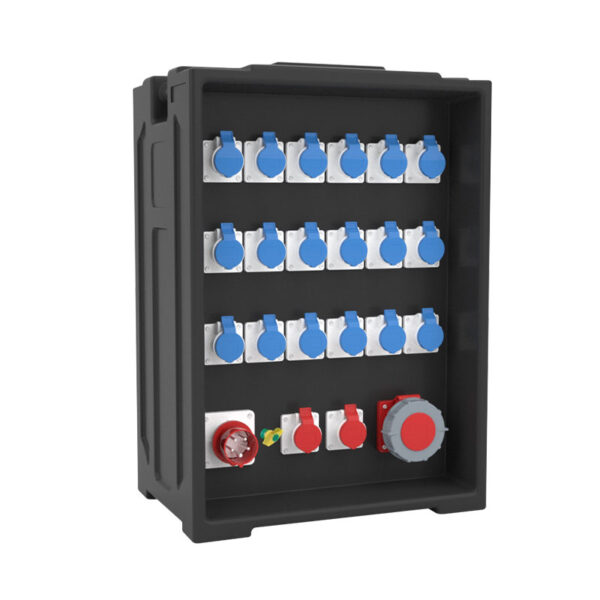 9PHLTD's large portable stage lighting distribution box can be customized with 20 IP44 industrial sockets, a single 63A socket, and a five-pin Powerlock plug