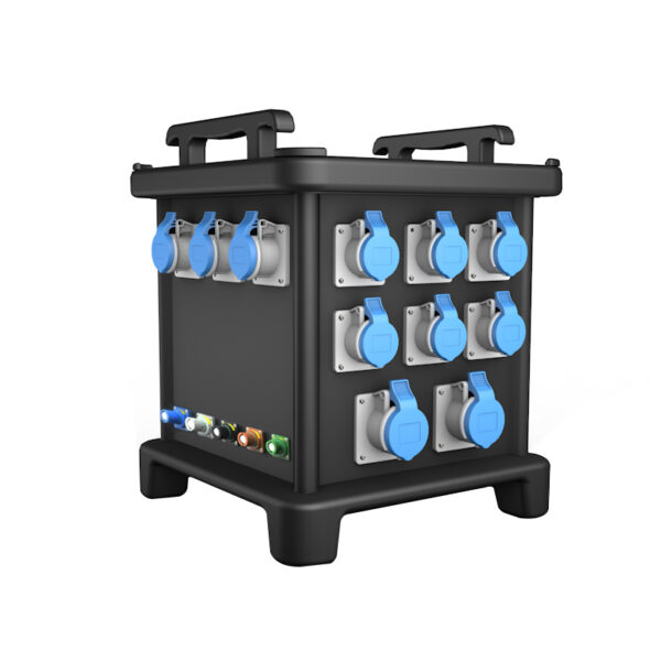 PHLTD's new stage lighting distribution box is a mobile portable socket box with eleven IP44 industrial plugs and five rhino plugs on the back